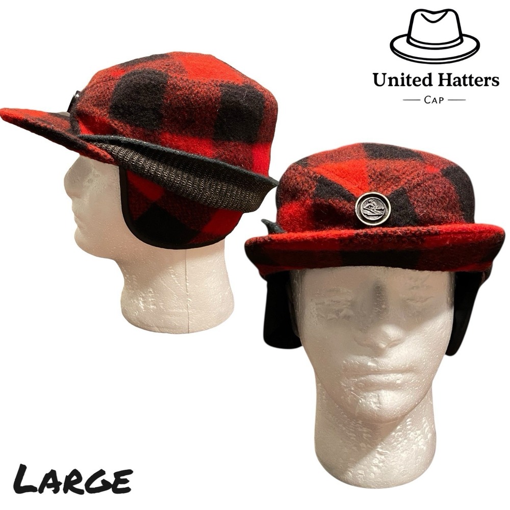 VTG Men's LARGE United Hatters Cap & Millnery Wool‎ Buffalo Plaid Red Newsboy